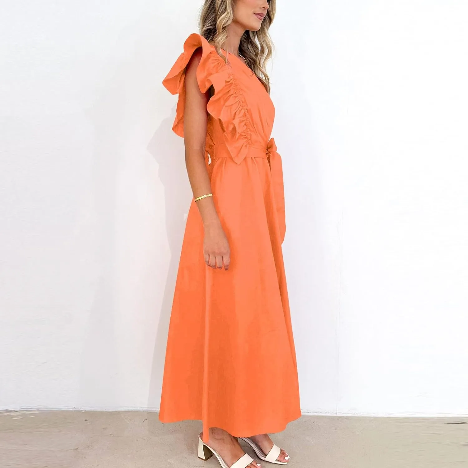 Women's Summer Dress One Shoulder Ruffle Sleeveless Empire Waist Wedding Guest Dresses Ruched A Line Flowy Sundresses