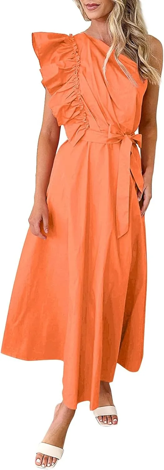 Women's Summer Dress One Shoulder Ruffle Sleeveless Empire Waist Wedding Guest Dresses Ruched A Line Flowy Sundresses