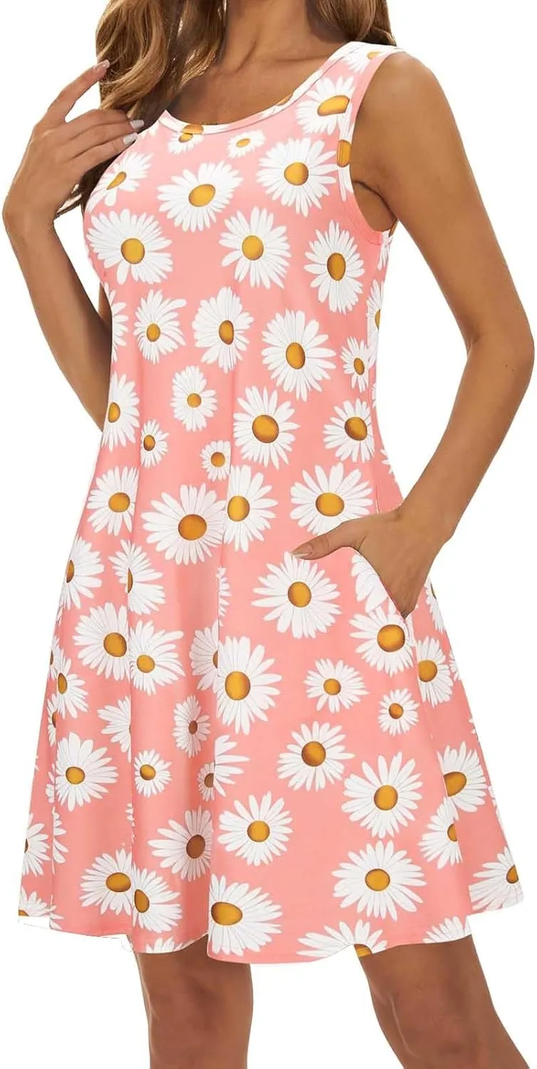 Womens Summer Dresses 2024 Casual Sleeveless Tshirt Sundresses Vacation Beach Floral Cover Up Dress with Pockets