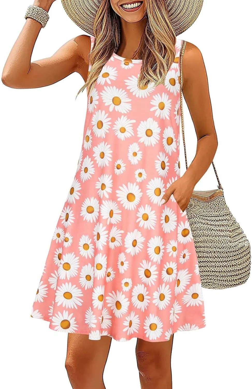 Womens Summer Dresses 2024 Casual Sleeveless Tshirt Sundresses Vacation Beach Floral Cover Up Dress with Pockets