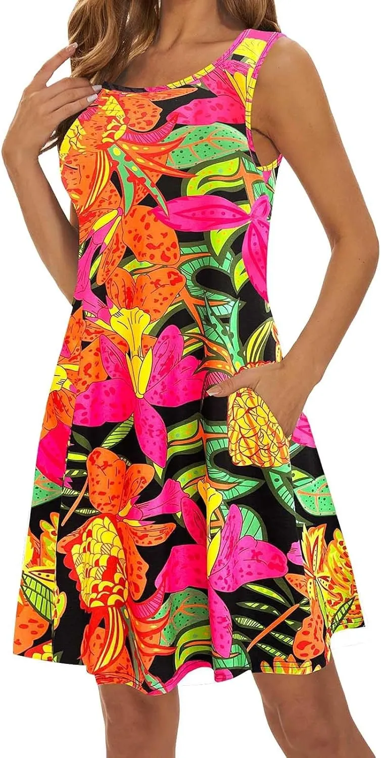 Womens Summer Dresses 2024 Casual Sleeveless Tshirt Sundresses Vacation Beach Floral Cover Up Dress with Pockets