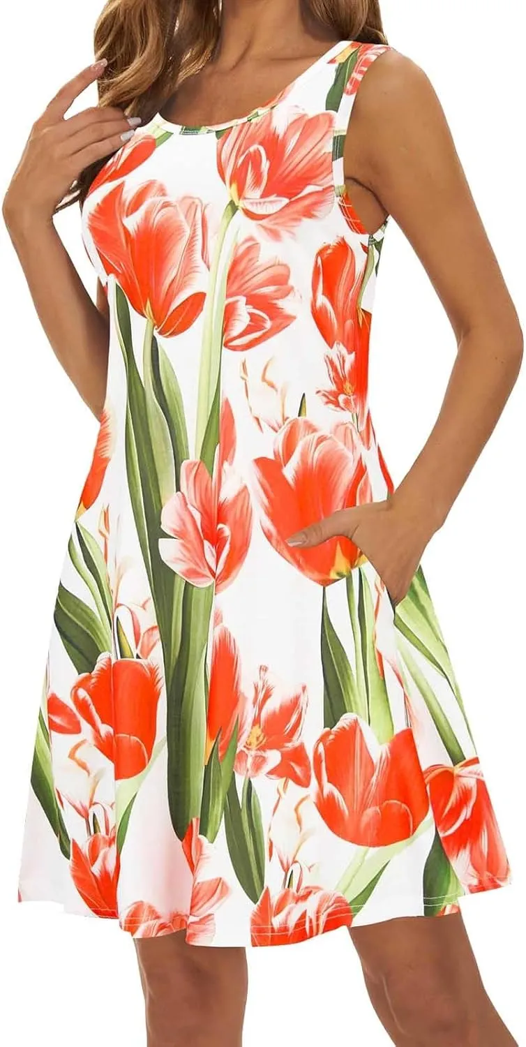 Womens Summer Dresses 2024 Casual Sleeveless Tshirt Sundresses Vacation Beach Floral Cover Up Dress with Pockets