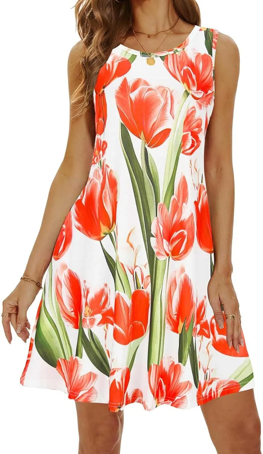 Womens Summer Dresses 2024 Casual Sleeveless Tshirt Sundresses Vacation Beach Floral Cover Up Dress with Pockets