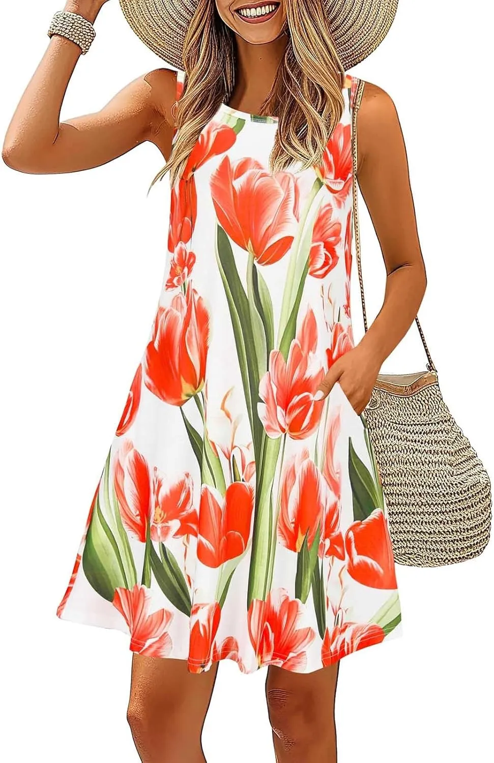 Womens Summer Dresses 2024 Casual Sleeveless Tshirt Sundresses Vacation Beach Floral Cover Up Dress with Pockets
