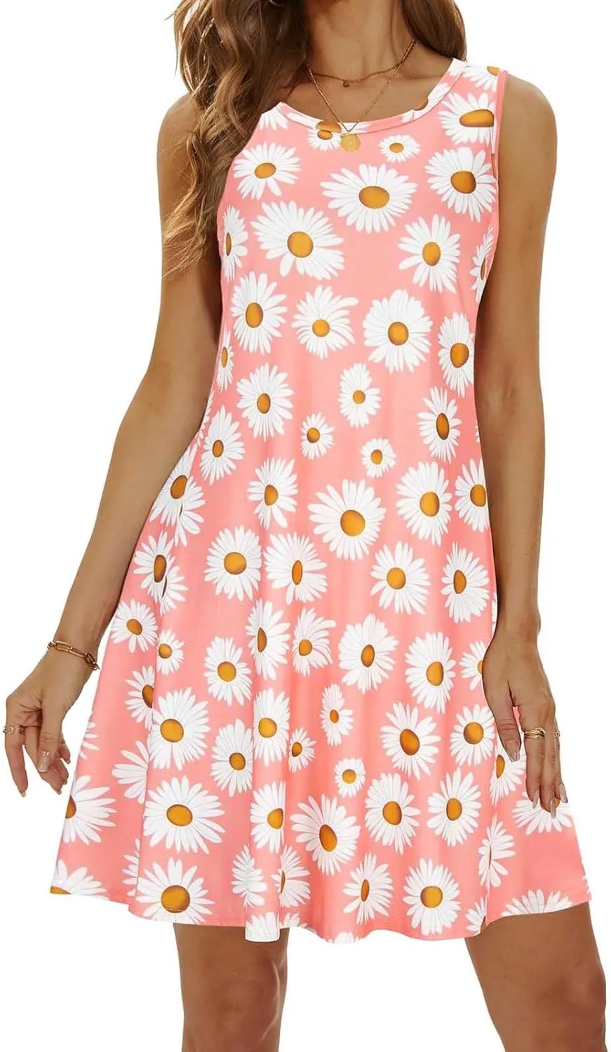 Womens Summer Dresses 2024 Casual Sleeveless Tshirt Sundresses Vacation Beach Floral Cover Up Dress with Pockets