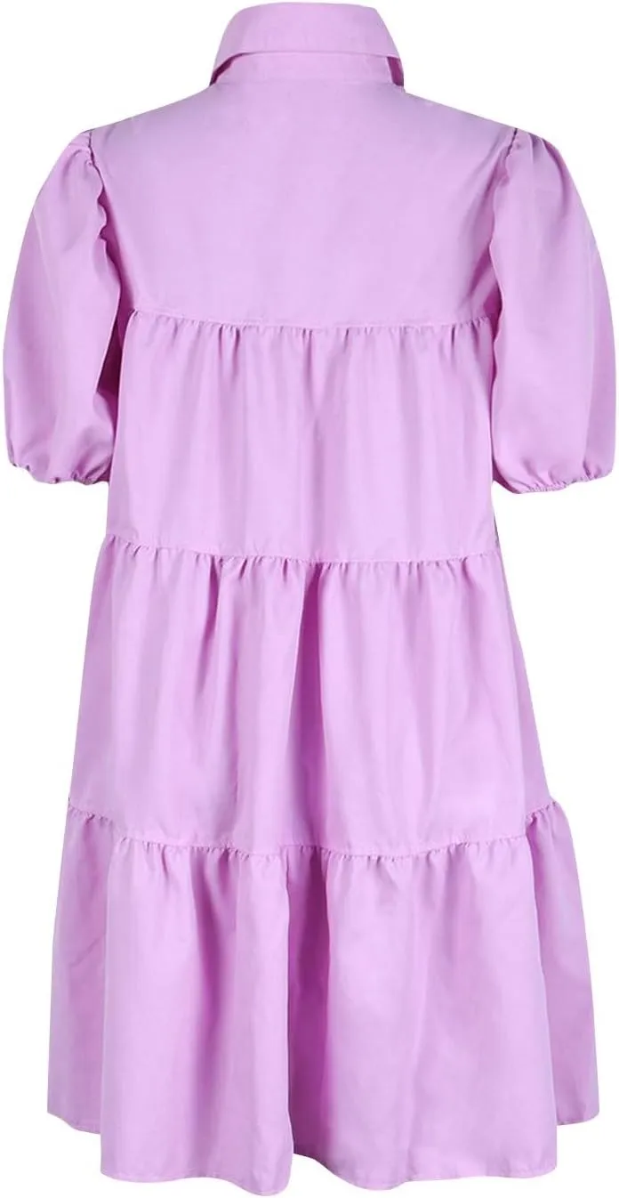 Womens Summer Dresses Casual Dress Cute Babydoll Short Sleeve Lapel Dress Boho Short Loose Flowy Shirt Sundresses
