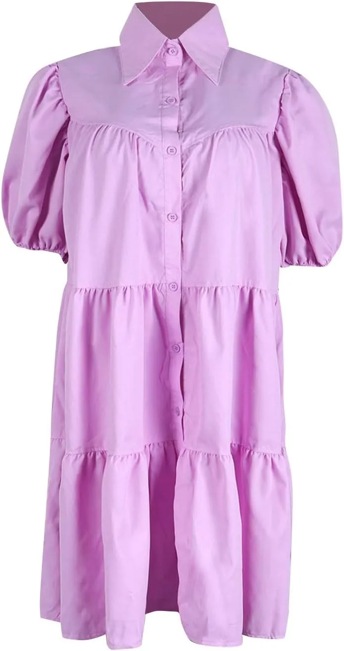 Womens Summer Dresses Casual Dress Cute Babydoll Short Sleeve Lapel Dress Boho Short Loose Flowy Shirt Sundresses