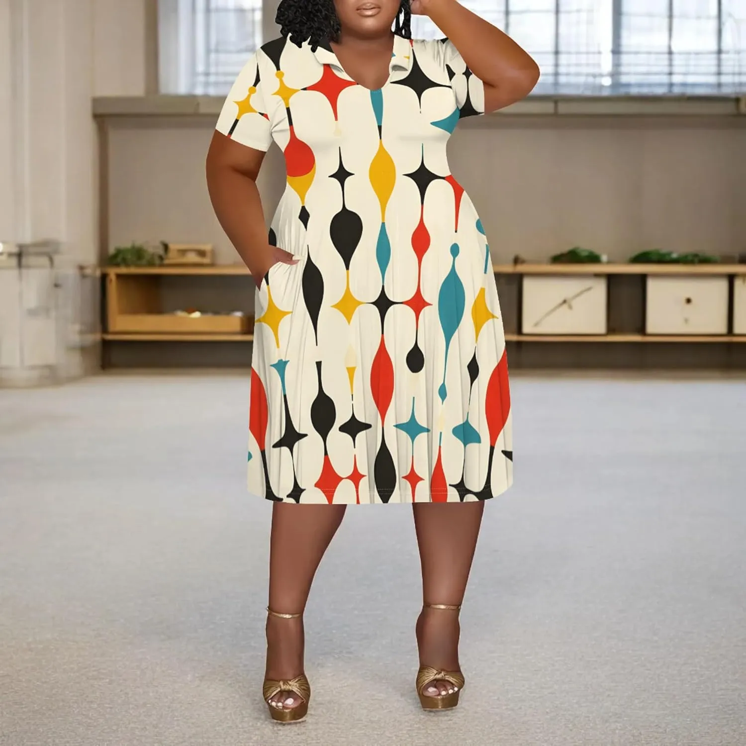 Women's Summer Sundress Short Sleeve Midi Tshirt Dresses Casual Floral Print Plus Size A-Line Tunic Dress with Pocket
