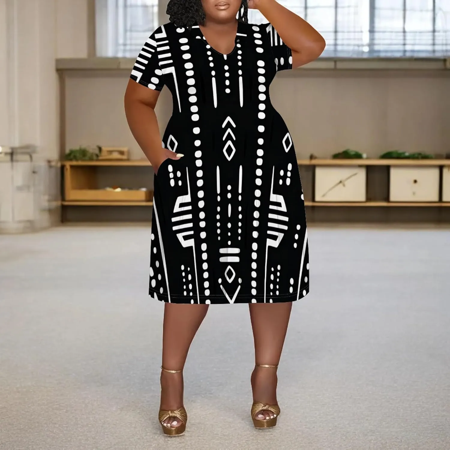 Women's Summer Sundress Short Sleeve Midi Tshirt Dresses Casual Floral Print Plus Size A-Line Tunic Dress with Pocket