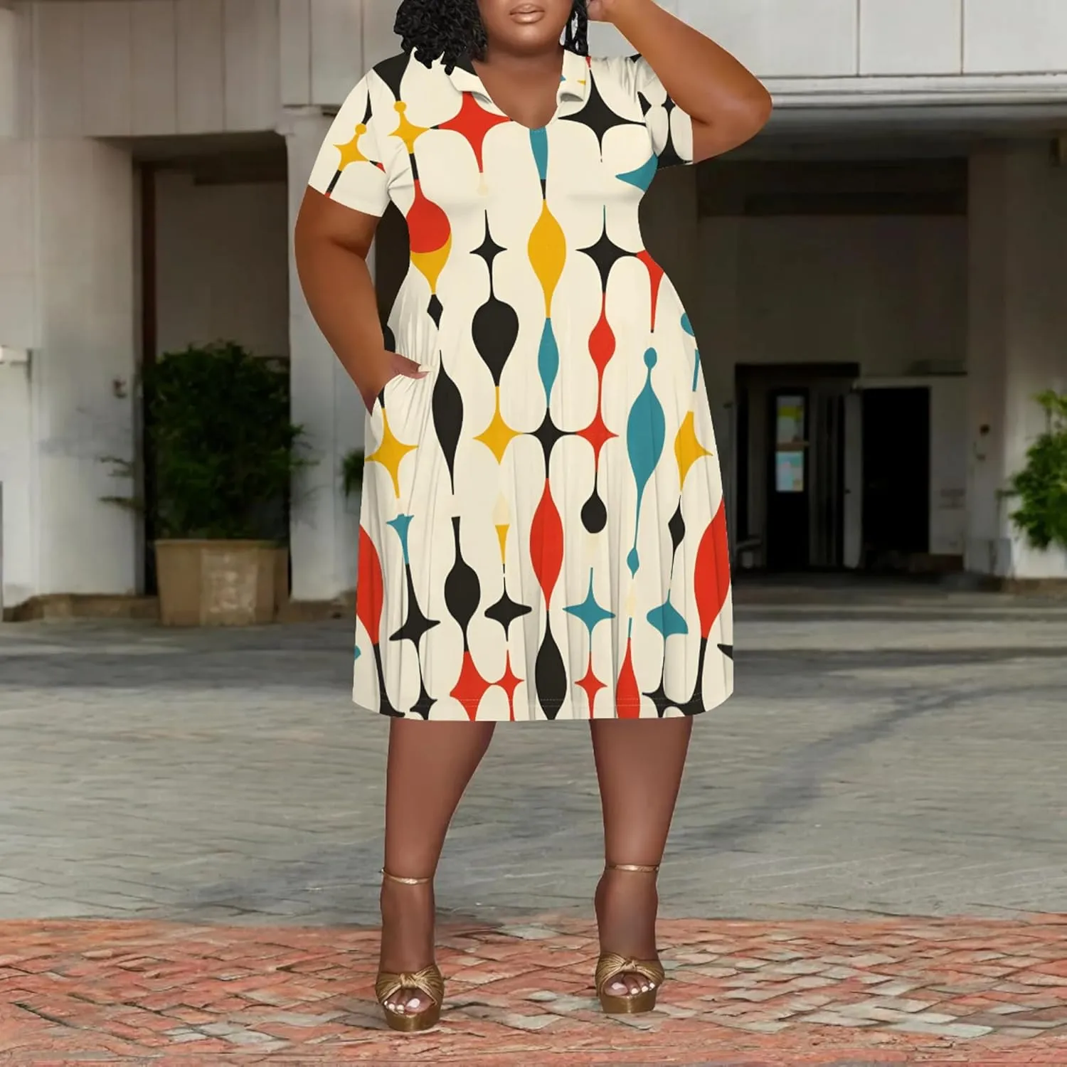 Women's Summer Sundress Short Sleeve Midi Tshirt Dresses Casual Floral Print Plus Size A-Line Tunic Dress with Pocket