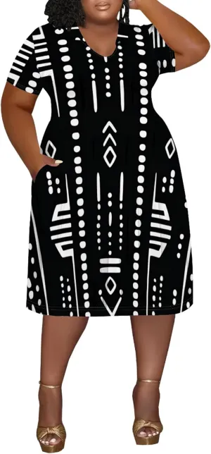 Women's Summer Sundress Short Sleeve Midi Tshirt Dresses Casual Floral Print Plus Size A-Line Tunic Dress with Pocket