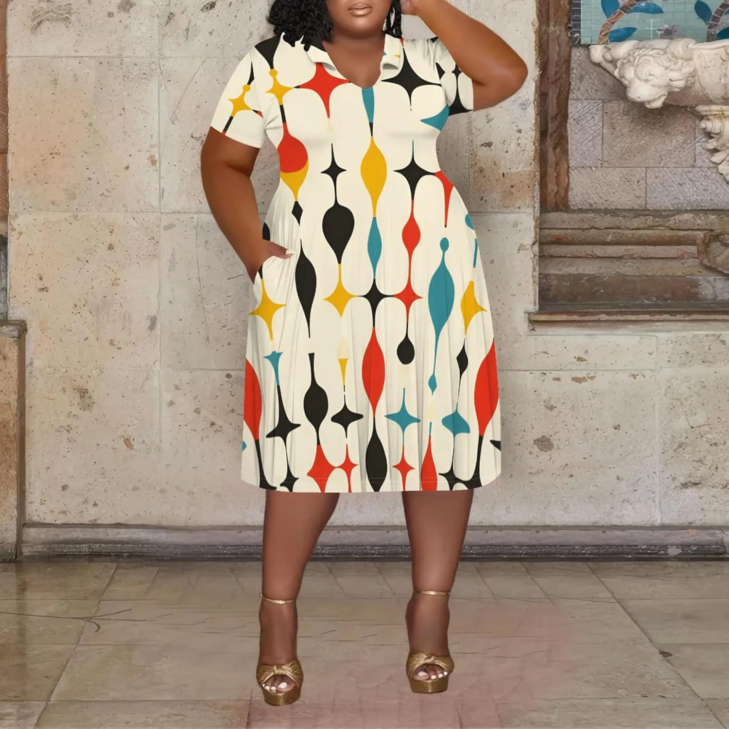 Women's Summer Sundress Short Sleeve Midi Tshirt Dresses Casual Floral Print Plus Size A-Line Tunic Dress with Pocket