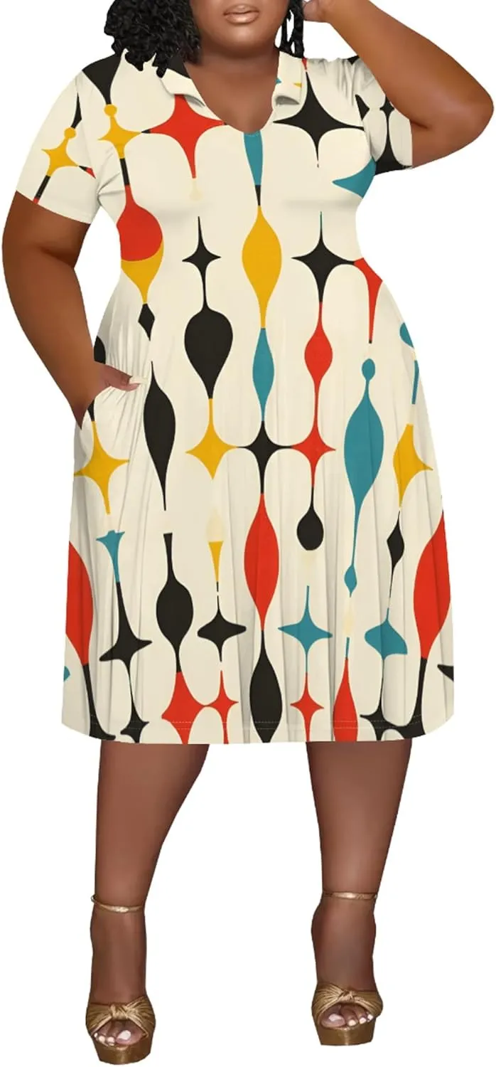 Women's Summer Sundress Short Sleeve Midi Tshirt Dresses Casual Floral Print Plus Size A-Line Tunic Dress with Pocket