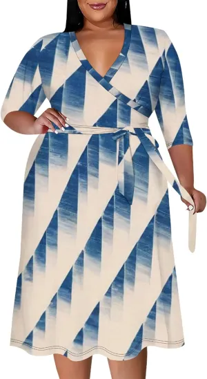 Women's Tie Dye Dress V Neck Loose Fit Casual Plus Size Midi Dresses with Belt Beach Boho Sundress Travel Vacation Outfit