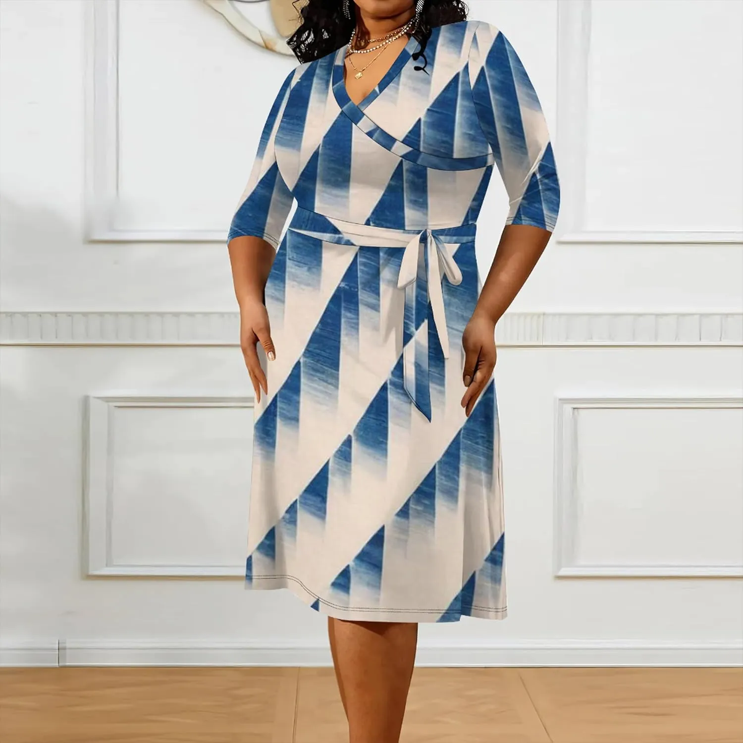 Women's Tie Dye Dress V Neck Loose Fit Casual Plus Size Midi Dresses with Belt Beach Boho Sundress Travel Vacation Outfit