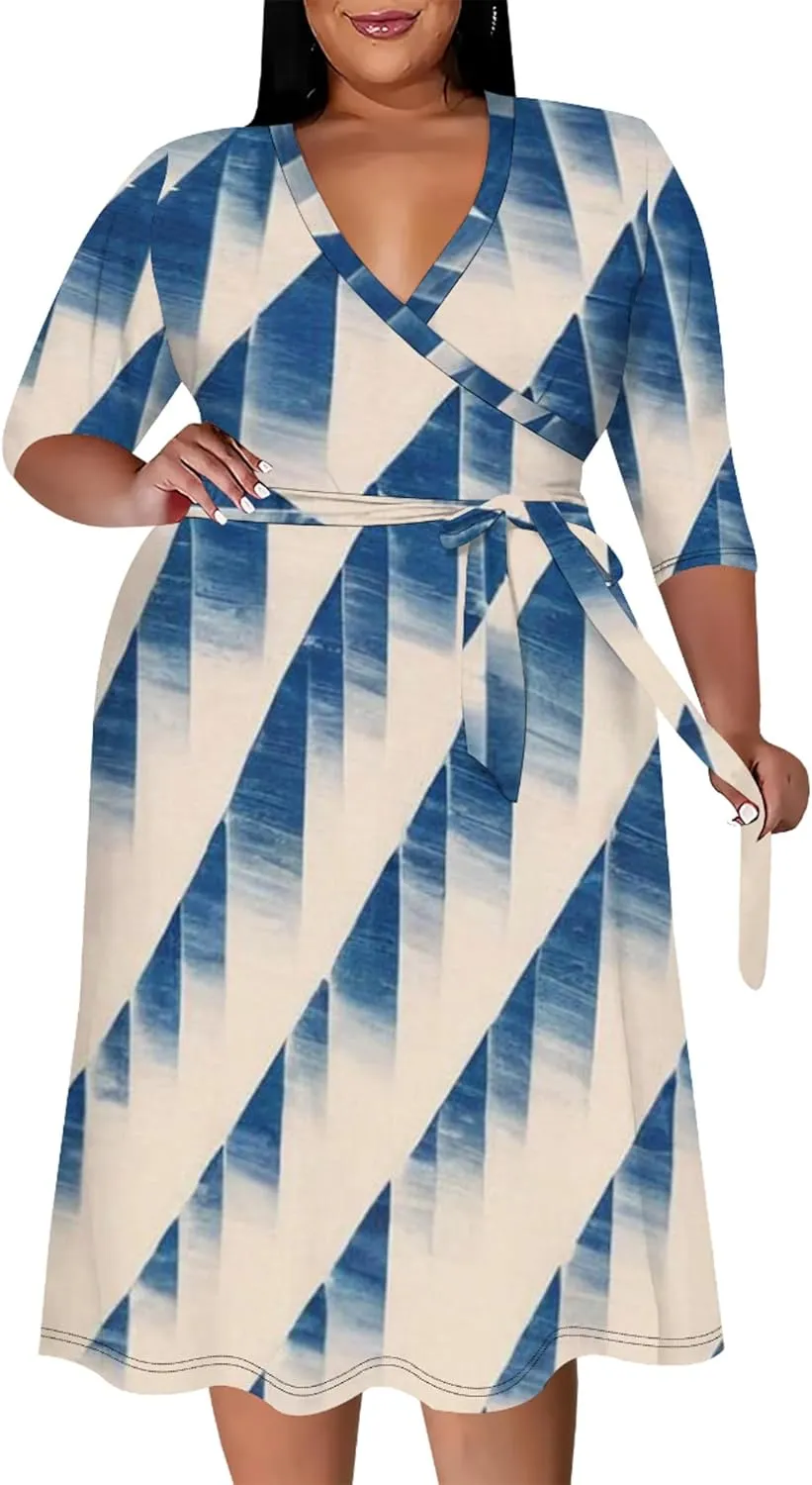 Women's Tie Dye Dress V Neck Loose Fit Casual Plus Size Midi Dresses with Belt Beach Boho Sundress Travel Vacation Outfit