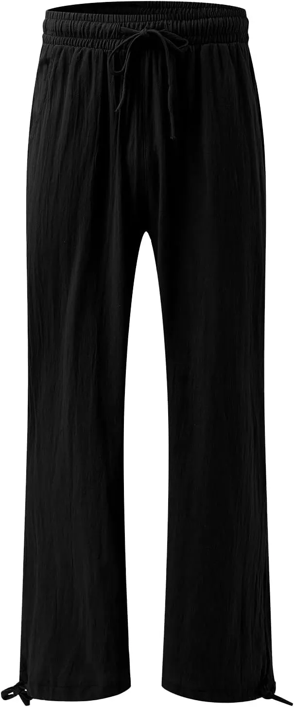 Womens Trousers High Waisted Drawstring Cotton Linen Pants Wide Leg Lounge Pants with Pockets, Small-5X-Large