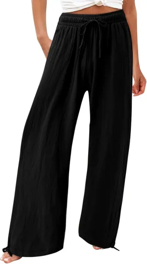 Womens Trousers High Waisted Drawstring Cotton Linen Pants Wide Leg Lounge Pants with Pockets, Small-5X-Large