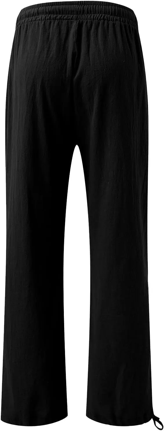 Womens Trousers High Waisted Drawstring Cotton Linen Pants Wide Leg Lounge Pants with Pockets, Small-5X-Large