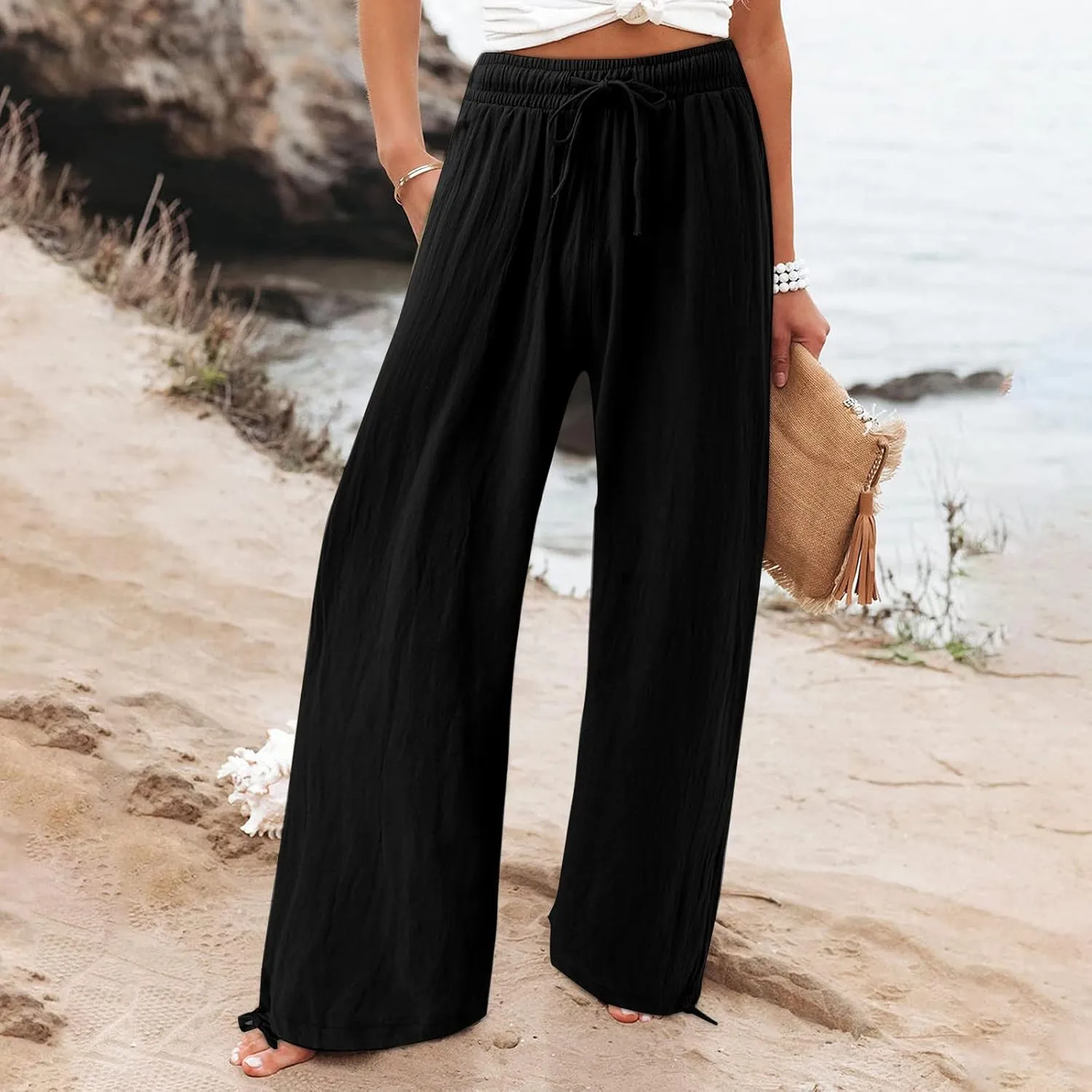 Womens Trousers High Waisted Drawstring Cotton Linen Pants Wide Leg Lounge Pants with Pockets, Small-5X-Large