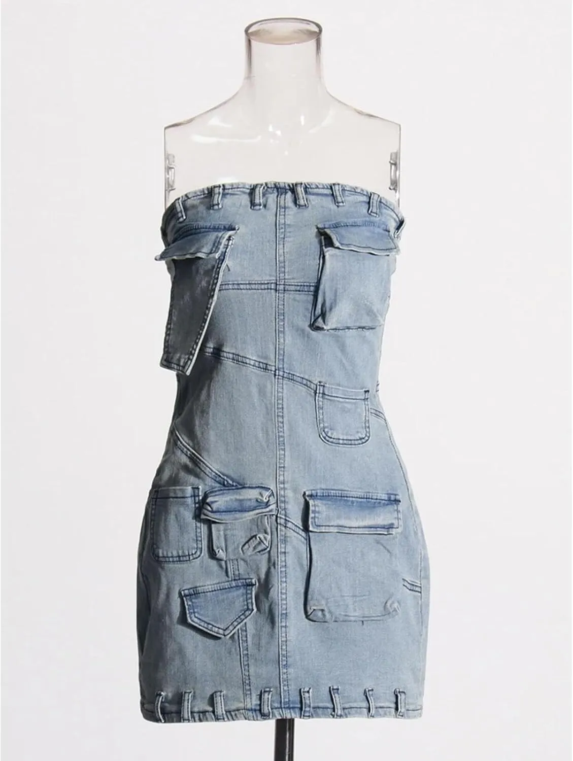 Womens Vintage Denim Mini Dress - Strapless Patchwork Pocket Casual Outfit