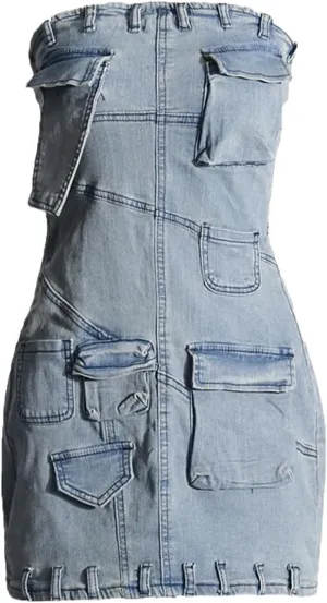 Womens Vintage Denim Mini Dress - Strapless Patchwork Pocket Casual Outfit
