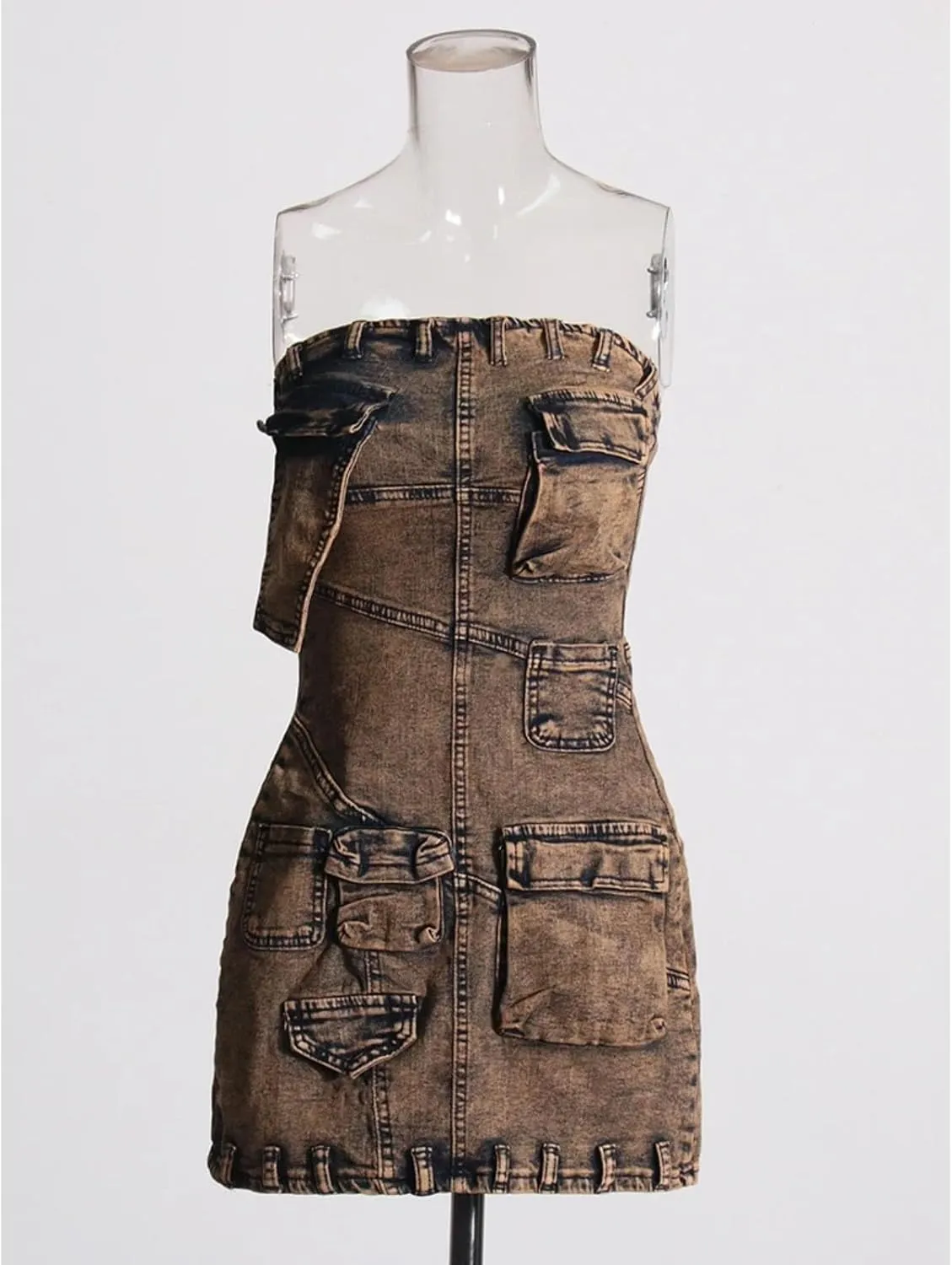 Womens Vintage Denim Mini Dress - Strapless Patchwork Pocket Casual Outfit