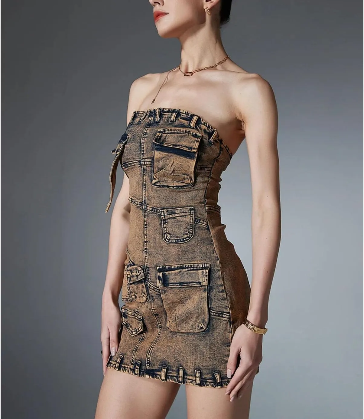 Womens Vintage Denim Mini Dress - Strapless Patchwork Pocket Casual Outfit