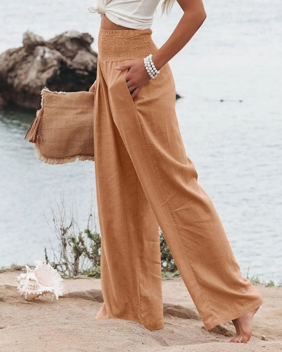 Women's Waist Wide Leg Loose Cotton Linen Palazzo Pants High Waisted Trousers Casual Flowy Pants with Pockets