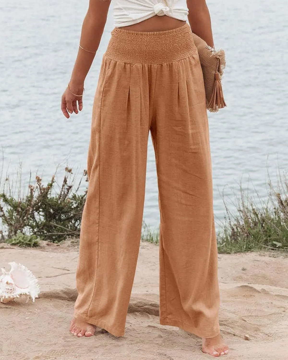 Women's Waist Wide Leg Loose Cotton Linen Palazzo Pants High Waisted Trousers Casual Flowy Pants with Pockets