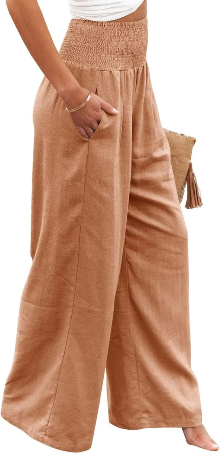 Women's Waist Wide Leg Loose Cotton Linen Palazzo Pants High Waisted Trousers Casual Flowy Pants with Pockets