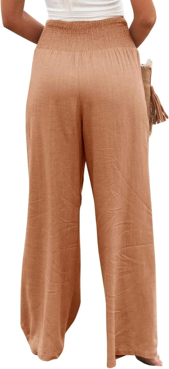 Women's Waist Wide Leg Loose Cotton Linen Palazzo Pants High Waisted Trousers Casual Flowy Pants with Pockets