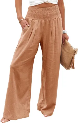 Women's Waist Wide Leg Loose Cotton Linen Palazzo Pants High Waisted Trousers Casual Flowy Pants with Pockets
