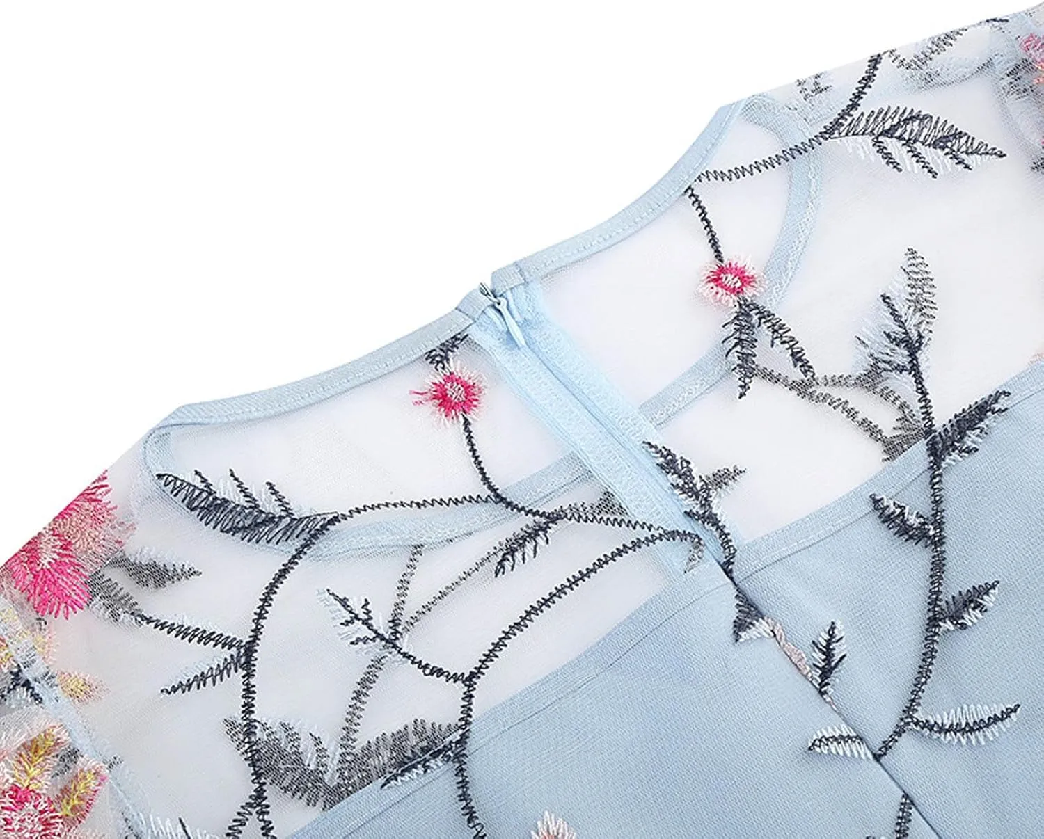Women's Wedding Guest Dresses Floral Embroidery Tulle Vintage Cocktail Swing Dress Ruffle Short Sleeve Prom Dress