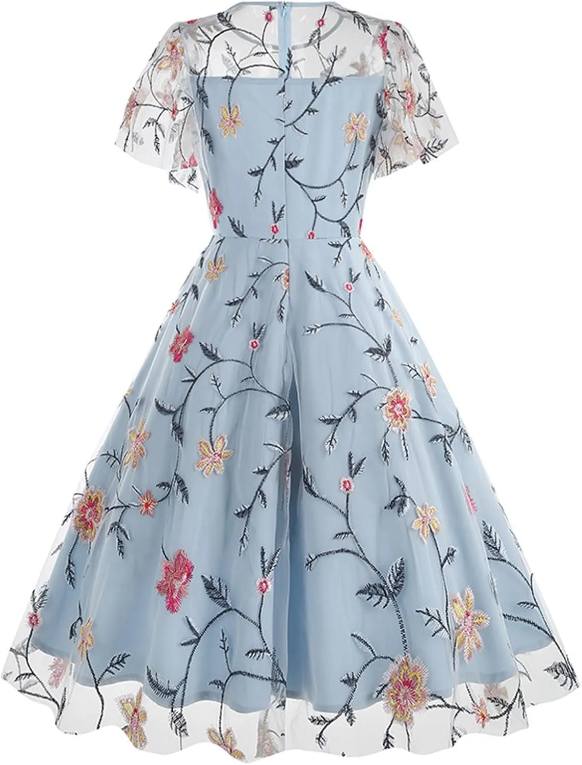 Women's Wedding Guest Dresses Floral Embroidery Tulle Vintage Cocktail Swing Dress Ruffle Short Sleeve Prom Dress