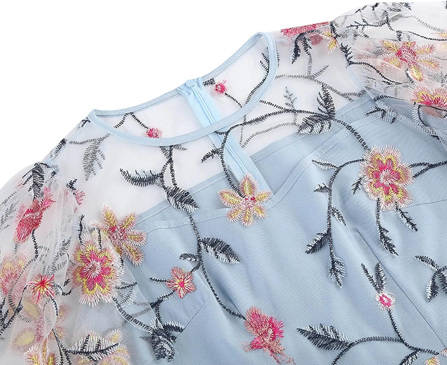 Women's Wedding Guest Dresses Floral Embroidery Tulle Vintage Cocktail Swing Dress Ruffle Short Sleeve Prom Dress