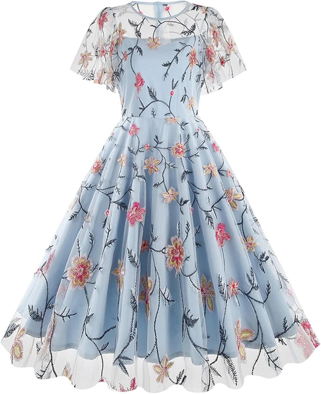 Women's Wedding Guest Dresses Floral Embroidery Tulle Vintage Cocktail Swing Dress Ruffle Short Sleeve Prom Dress