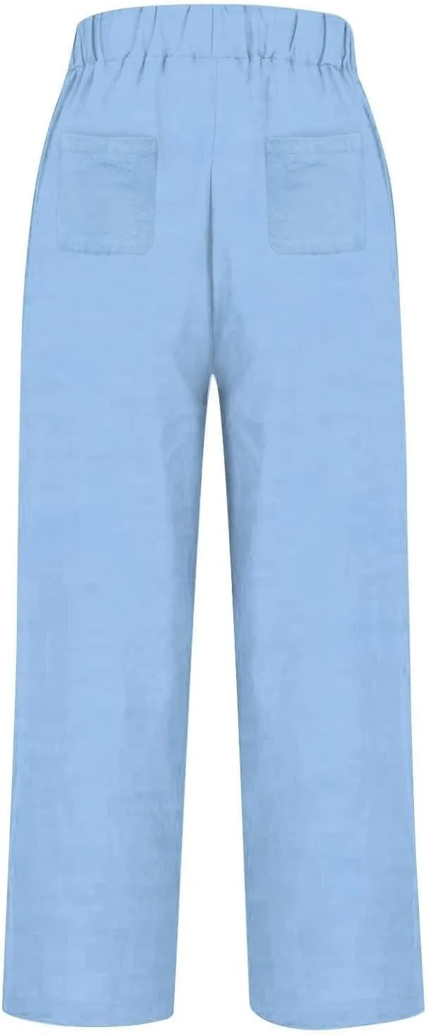 Women's Wide Leg Linen Pants Casual Summer Elastic High Waisted Palazzo Pants Loose Flowy Cropped Trouser with Pockets