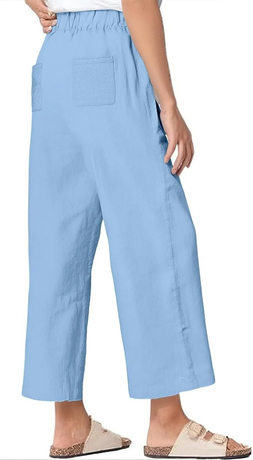 Women's Wide Leg Linen Pants Casual Summer Elastic High Waisted Palazzo Pants Loose Flowy Cropped Trouser with Pockets
