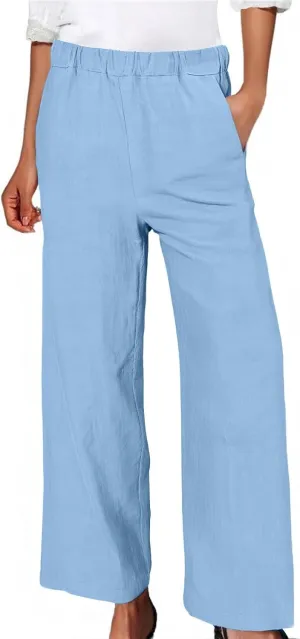 Women's Wide Leg Linen Pants Casual Summer Elastic High Waisted Palazzo Pants Loose Flowy Cropped Trouser with Pockets