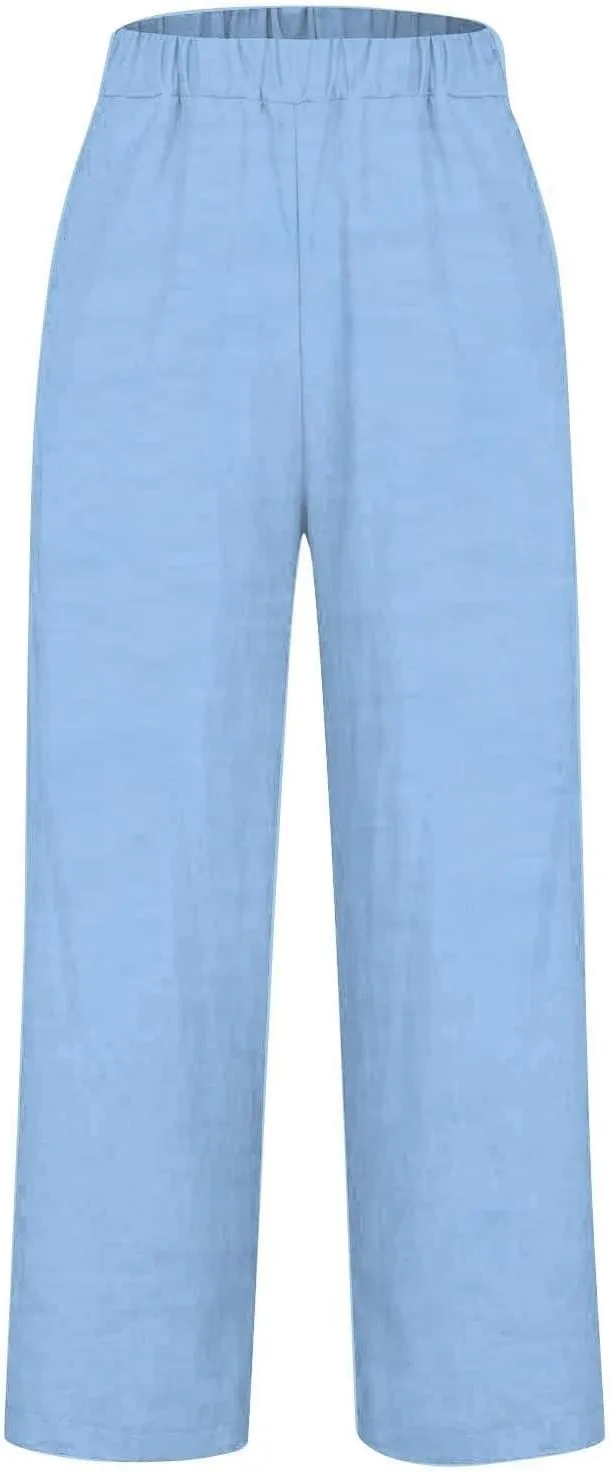 Women's Wide Leg Linen Pants Casual Summer Elastic High Waisted Palazzo Pants Loose Flowy Cropped Trouser with Pockets