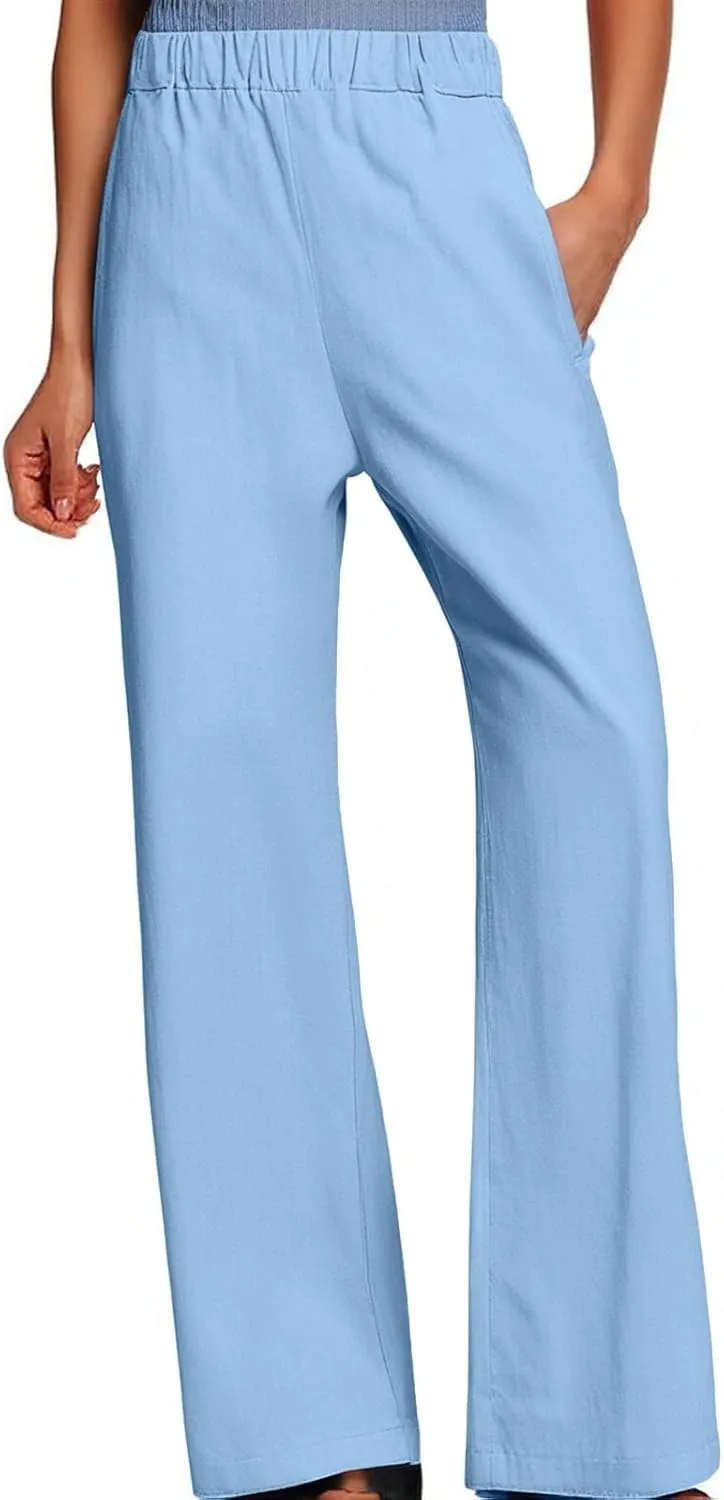 Women's Wide Leg Linen Pants Casual Summer Elastic High Waisted Palazzo Pants Loose Flowy Cropped Trouser with Pockets