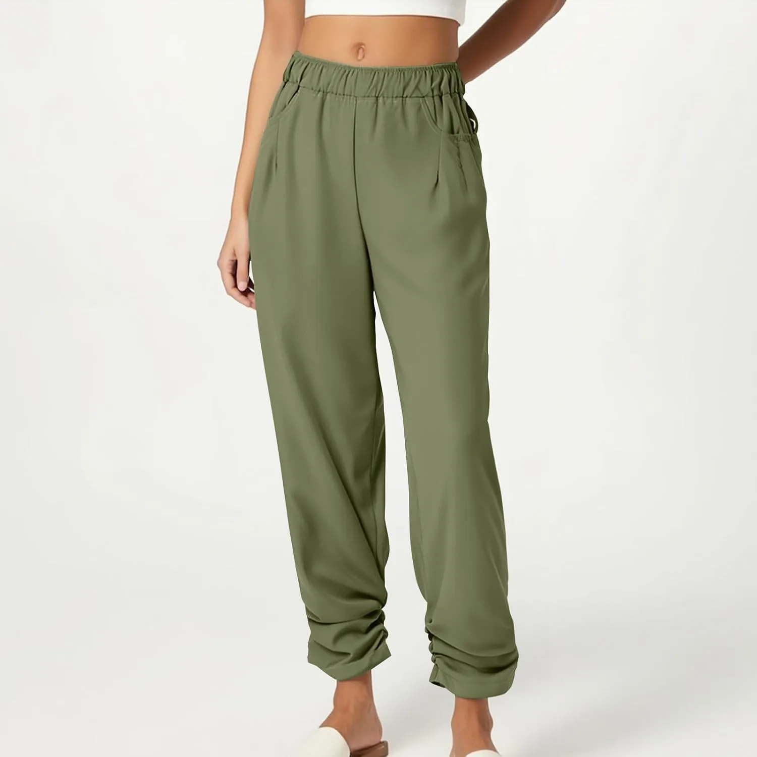 Womens Wide Leg Linen Pants Summer Elastic High Waist Cotton Trouser Lounge Slacks Beach Travel Outfits with Pockets