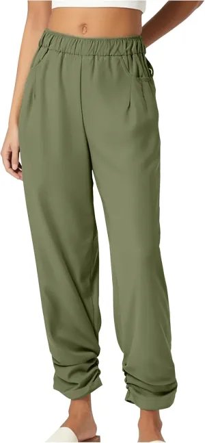 Womens Wide Leg Linen Pants Summer Elastic High Waist Cotton Trouser Lounge Slacks Beach Travel Outfits with Pockets