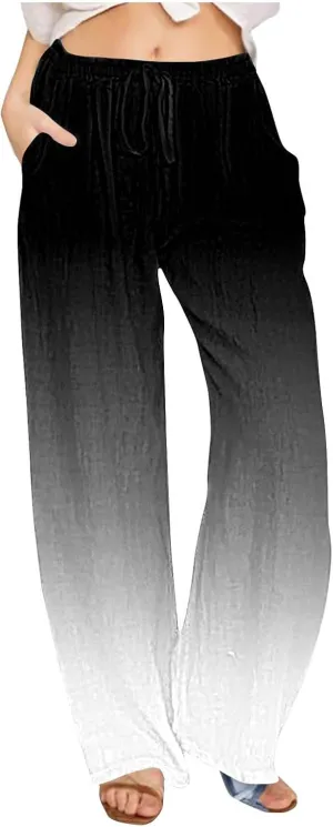Womens Wide Leg Linen Pants Summer Palazzo Trousers Flowy Elastic High Waisted Pants Casual Beach Vacation Clothes