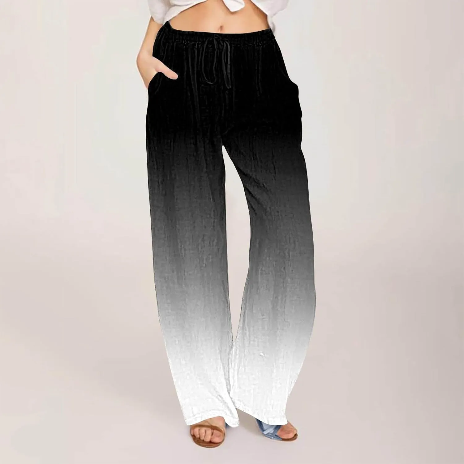 Womens Wide Leg Linen Pants Summer Palazzo Trousers Flowy Elastic High Waisted Pants Casual Beach Vacation Clothes