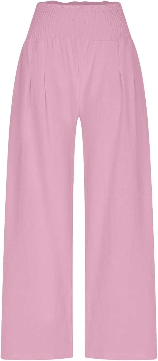 Womens Wide Leg Pants Cotton Linen Palazzo Pants Smocked Elastic Waist Loose Casual Pant Summer Flowy Lounge Trousers