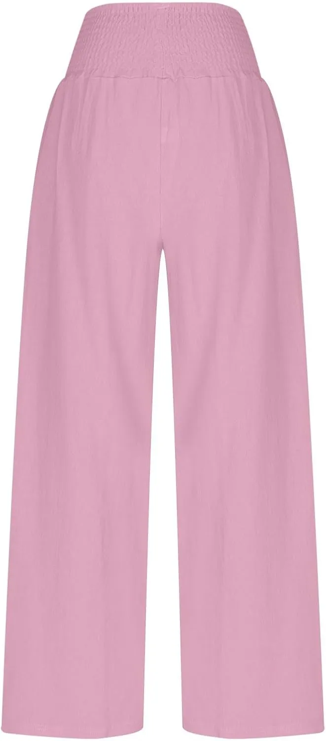 Womens Wide Leg Pants Cotton Linen Palazzo Pants Smocked Elastic Waist Loose Casual Pant Summer Flowy Lounge Trousers