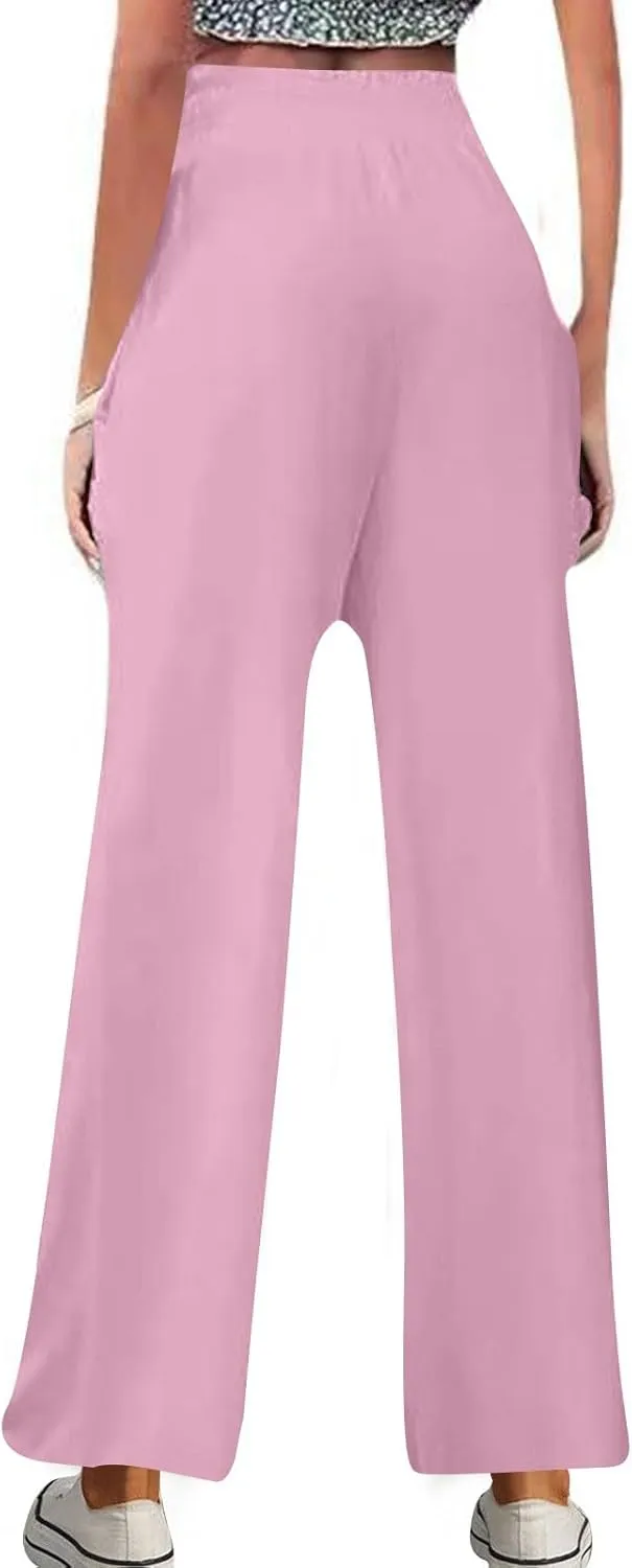 Womens Wide Leg Pants Cotton Linen Palazzo Pants Smocked Elastic Waist Loose Casual Pant Summer Flowy Lounge Trousers