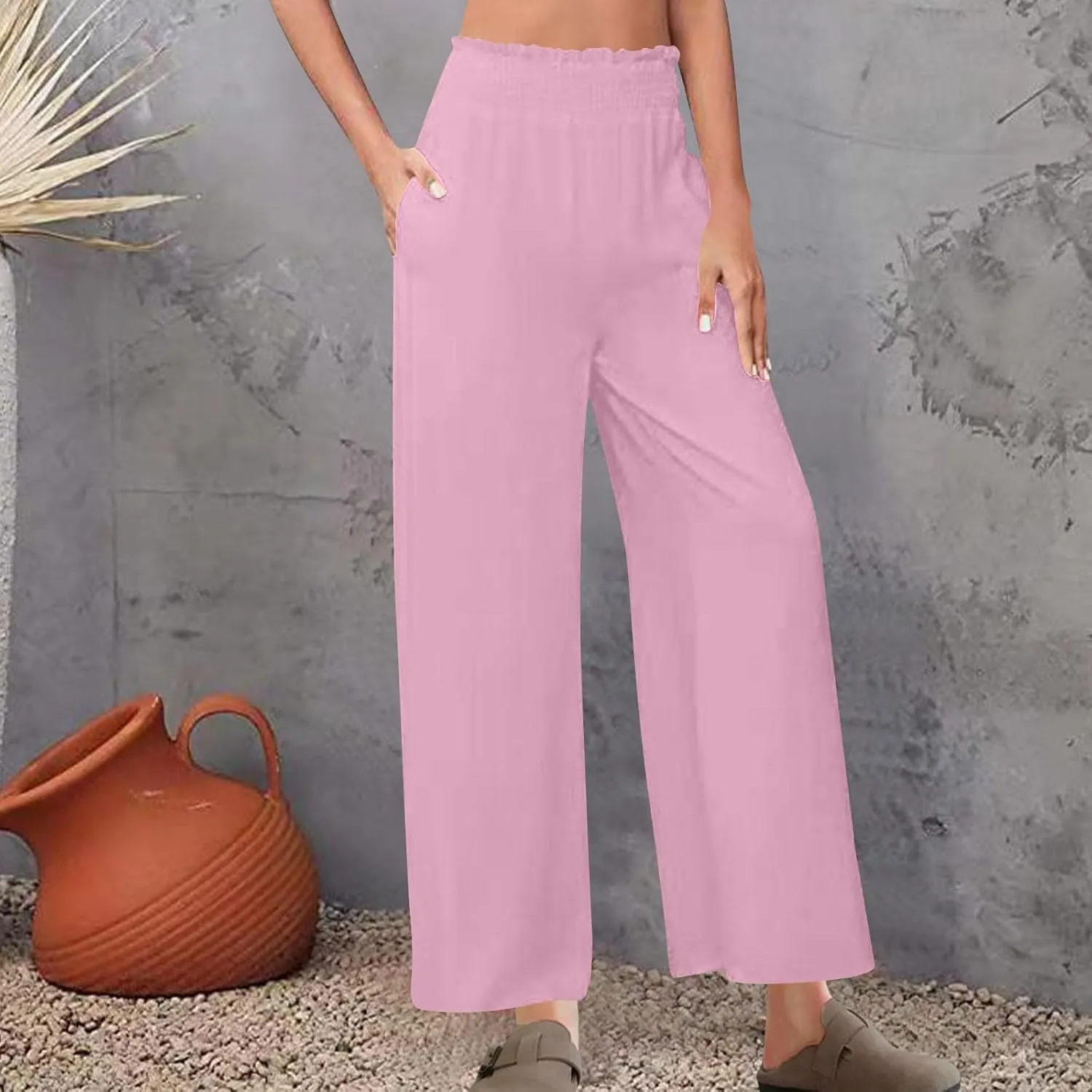 Womens Wide Leg Pants Cotton Linen Palazzo Pants Smocked Elastic Waist Loose Casual Pant Summer Flowy Lounge Trousers